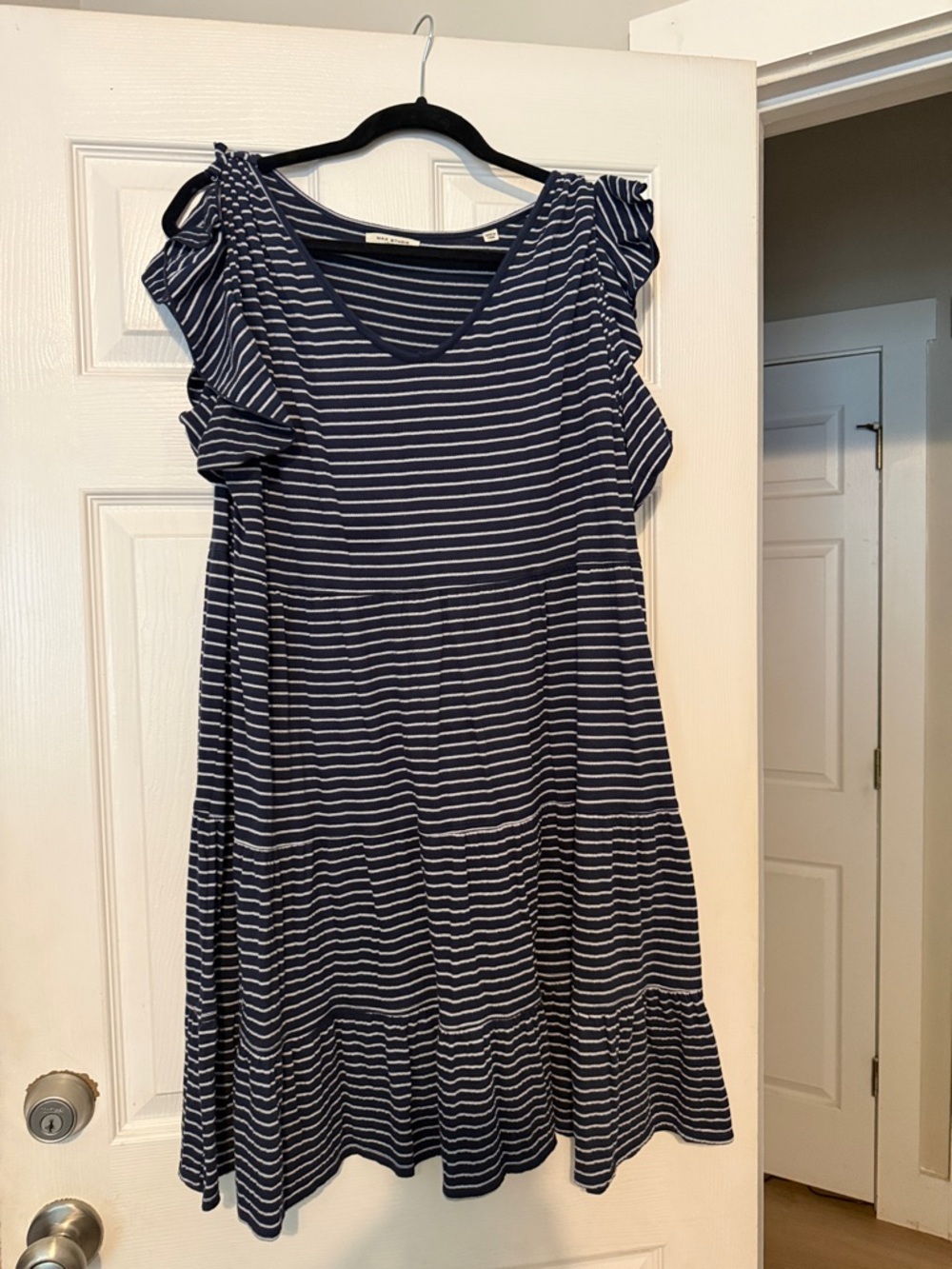 Max Studio Navy and White Striped Midi Dress